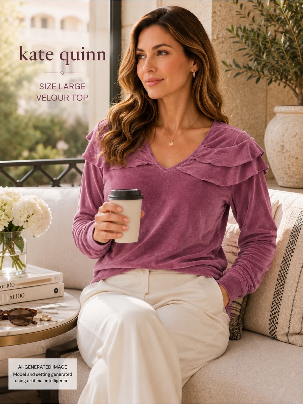 Kate Quinn Mauve Velour Ruffle V Neck Pullover Top Large Cozy Chic Luxury Lounge